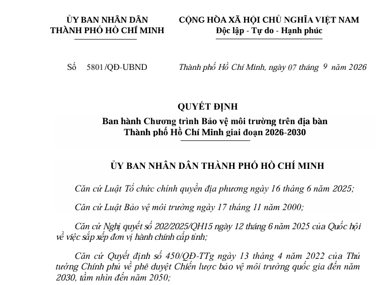 Quyết định Ban hành Chương trình Bảo vệ môi trường trên địa bàn Thành phố Hồ Chí Minh giai đoạn 2026-2030